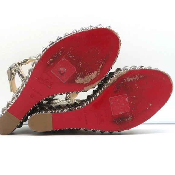 CHRISTIAN LOUBOUTIN CATACLOU STUDDED SNAKE PRINT ESPADRILLE WEDGES SIZE 37 - Picture 10 of 11